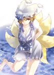  adapted_costume amua animal_ears arms_behind_back barefoot breasts brown_eyes cleavage dress fox_ears fox_tail hair_over_one_eye hat highres large_breasts leg_up light_brown_hair mob_cap multiple_tails short_hair short_sleeves smile solo tabard tail touhou water yakumo_ran 