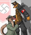  2004 anthro balls canine claws clothed clothing cum duo erection fur half-dressed hat male male/male mammal nazi open_mouth penis sex simple_background smile swastika tongue tongue_out uniform white_background 