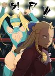  antenna_hair ass back_cutout bad_deviantart_id bad_id blonde_hair blue_leotard bow domino_mask fist_pump hair_bow hair_pulled_back heart_cutout jacket kanzuki_karin leotard long_hair mask microphone multiple_girls rainbow_mika ringlets street_fighter street_fighter_v thighhighs thong_leotard twintails whistle_frog wrestling_ring yellow_eyes 