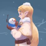  1girl belt blonde_hair blush braid brown_gloves capelet closed_mouth commentary english_commentary from_side gloves hair_ornament hairclip holding long_hair long_sleeves na_(oagenosuke) nintendo pointy_ears pouch princess_zelda profile snowman solo the_legend_of_zelda 