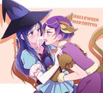  animal_ears blue_eyes blue_hair blush braid dokidoki!_precure elbow_gloves gloves hair_ornament hairclip halloween hat hishikawa_rikka kemonomimi_mode kenzaki_makoto long_hair multiple_girls negom open_mouth paw_gloves paws precure purple_eyes purple_hair short_hair single_braid tail white_gloves witch_hat yuri 