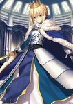  ahoge armor armored_dress artoria_pendragon_(all) blonde_hair blue_cape blue_ribbon cape fate/grand_order fate_(series) gauntlets green_eyes hair_ribbon holding holding_sword holding_weapon looking_at_viewer official_art resized ribbon saber solo sword takeuchi_takashi upscaled waifu2x weapon 
