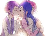  aida_mana blue_eyes blue_hair cheating closed_eyes dokidoki!_precure girl_sandwich hishikawa_rikka hug imminent_kiss kenzaki_makoto long_hair multiple_girls necktie negom netorare pink_hair precure purple_eyes purple_hair sandwiched short_hair simple_background white_background yuri 