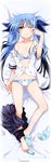 absurdres black_skirt blue_bra blue_hair blue_legwear blue_panties blue_ribbon bra brown_eyes dakimakura flat_chest from_above full_body hair_ribbon highres huge_filesize levi_russel long_hair looking_at_viewer lying lyrical_nanoha mahou_shoujo_lyrical_nanoha_innocent material-l navel on_back one_eye_closed open_clothes open_shirt panties pleated_skirt private_ten'ou_middle_school_uniform ribbon shirt skirt socks_removed solo twintails underwear 