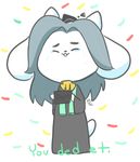  :3 ambiguous_gender blue_hair clothing english_text eyes_closed fur graduation_hat hair mt robe smile solo standing temmie_(undertale) text undertale white_fur 