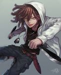  :p belt black_shirt brown_eyes brown_hair dagger dog_tags doug_(gangsta) dual_wielding fan_ju freckles gangsta hairlocs holding holding_weapon hood hooded_jacket jacket long_hair long_sleeves looking_at_viewer male_focus pants pants_rolled_up shirt signature simple_background solo tongue tongue_out weapon white_jacket 