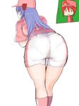  2girls artist_request ass backboob blue_eyes blush breasts from_behind huge_ass leaning leaning_forward long_hair multiple_girls pantylines pokaan_(aserazu_netamazu) ponytail purple_hair red_hair shiny shiny_skin shorts smile troll_face 