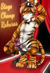  2014 anthro balls bow_tie camychan claws clothing dancing english_text erection feline fur hair looking_at_viewer male mammal muscular nude penis pole pole_dancing smile solo stripes stripper text thong tiger underwear 