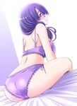  ass bra breasts glasses grin large_breasts long_hair looking_at_viewer looking_back original panties purple_bra purple_eyes purple_hair purple_panties smile solo thighs tonpuu underwear underwear_only 
