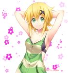  akatsuki_kirika armpits arms_behind_head black_bra blonde_hair bra green_eyes hair_ornament hairclip overalls senki_zesshou_symphogear short_hair smile solo touyama_sabu underwear 