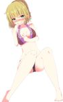  adapted_costume aoi_(annbi) barefoot bikini biting blonde_hair blush breasts crying crying_with_eyes_open embarrassed feet finger_biting full-face_blush green_eyes hand_on_own_chest highres legs medium_breasts mizuhashi_parsee short_hair shy solo swimsuit tears toes touhou 