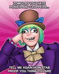  2012 black_eyes bow_tie bracelet clothed clothing curtsibling derp derp_eyes digital_media_(artwork) english_text eyebrows eyelashes female green_hair hair hat human jewelry make-up mammal meme nazi parody pegaslut solo suit swastika teeth text tongue top_hat watermark white_sclera 