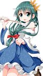  bad_id bad_twitter_id bow closed_eyes cosplay detached_sleeves frilled_skirt frills front_ponytail gohei green_eyes green_hair hair_bow hair_ornament hair_ribbon kagiyama_hina kochiya_sanae kochiya_sanae_(cosplay) leaf_hair_ornament long_hair open_mouth ribbon ruu_(tksymkw) simple_background skirt skirt_hold smile solo touhou white_background wide_sleeves 