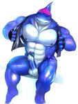  abs anthro balls bandanna biceps big_muscles big_penis blue_eyes blue_penis blue_skin clothing erection fangs fin fish grin humanoid_penis iceman1984 jacket male marine muscular muscular_male nipples pecs penis scales shark sitting smile solo teeth toned vein veiny_penis vest 