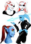  blue_skin breasts clothing eye_patch eyewear female fish gills hair hand_on_hip jacket kelbremdusk marine melee_weapon monster noseless polearm red_hair sharp_teeth smile solo spear teeth undertale undyne weapon yellow_eyes 