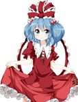  bad_id bad_twitter_id blue_eyes blue_hair blush bow cosplay curtsey dress frilled_skirt frills hair_bobbles hair_ornament kagiyama_hina kagiyama_hina_(cosplay) kawashiro_nitori looking_at_viewer puffy_short_sleeves puffy_sleeves red_dress ribbon ruu_(tksymkw) short_hair short_sleeves simple_background skirt skirt_hold smile solo sweatdrop touhou two_side_up white_background wrist_ribbon 