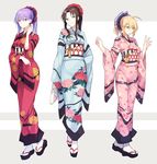  :o ahoge alternate_costume artoria_pendragon_(all) bag blonde_hair blue_eyes brown_hair checkered clog_sandals closed_mouth fate/stay_night fate_(series) floral_print full_body green_eyes hexagon highres japanese_clothes kikkoumon kimono long_hair matou_sakura multiple_girls ponytail purple_eyes purple_hair saber smile standing toosaka_rin white_legwear wowishi 