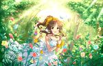  animal bird bow brown_hair bug butterfly dandelion dandelion_seed deer dress flower frills hair_flower hair_ornament holding holding_flower idolmaster idolmaster_cinderella_girls idolmaster_cinderella_girls_starlight_stage insect jpeg_artifacts long_hair looking_at_viewer nature official_art plant ponytail shade sleeveless sleeveless_dress smile solo spring_(season) sundress takamori_aiko tree tree_shade white_dress yellow_eyes 