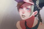  bad_id bad_pixiv_id birthmark black_hair blurry braid depth_of_field double_bun green_eyes green_hair green_lipstick hand_on_another's_head joestar_birthmark jojo_no_kimyou_na_bouken kuujou_jolyne lipstick makeup multicolored_hair rin2010 shade solo_focus tears two-tone_hair 