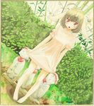  animal_ears artist_name bamboo bamboo_forest barefoot black_hair border bunny_ears crying crying_with_eyes_open dress dutch_angle forest full_body highres inaba_tewi jizou leaf nature open_mouth pink_dress puffy_sleeves red_eyes shikishi short_hair short_sleeves skirt_hold solo statue tears touhou traditional_media uryan! watercolor_(medium) 