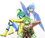  ahoge blue_eyes blue_hair blue_skin blue_wings blush boots breasts camisole dryad feathered_wings feathers goo_girl green_eyes green_hair harpy harusaki_rio highres kii_(monster_musume) long_hair monster_girl monster_musume_no_iru_nichijou multiple_girls navel nude orange_eyes papi_(monster_musume) plant plant_girl plant_hair raincoat rubber_boots shirt simple_background small_breasts smile suu_(monster_musume) tentacle_hair vines white_background winged_arms wings yellow_footwear yellow_shirt 