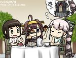  ahoge black_eyes brown_hair cake chair closed_eyes clothes_writing cup dated flying_sweatdrops food fubuki_(kantai_collection) green_eyes hair_ribbon hamu_koutarou headgear imagining kantai_collection kongou_(kantai_collection) long_hair multiple_girls pink_hair remodel_(kantai_collection) ribbon sitting table tablecloth tea_set teacup thought_bubble tiered_tray translated very_long_hair yura_(kantai_collection) 
