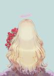 absurdres blonde_hair blue_background dress flower from_behind halo highres long_hair original pink_dress rose shadow shenyuan_xian simple_background solo wavy_hair 