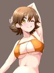  ;q armpits bikini bikini_top brown_eyes brown_hair highres honda_mio idolmaster idolmaster_cinderella_girls matatabi_(2ccp) midriff navel one_eye_closed short_hair solo swimsuit tongue tongue_out 