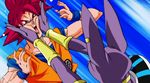  2015 2boys angry animated animated_gif arm_cuffs battle cat cat_ears deity dougi dragon_ball dragon_ball_super egyptian_clothes fight god_of_destruction_beerus male_focus multiple_boys nail nails pain purple_skin red_eyes red_hair shouting slapstick son_gokuu super_saiyan_god violence wristband wristbands yellow_eyes 