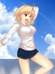  :d ahoge arcueid_brunestud blonde_hair breasts cloud day iro_(sekaixiro) large_breasts long_sleeves melty_blood open_mouth red_eyes shorts smile solo tsukihime tsukihime_(remake) type-moon 