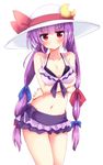  :/ aoi_(annbi) bikini bikini_skirt blush breasts cleavage cowboy_shot crescent crescent_hair_ornament front-tie_top hair_ornament hat highres jitome long_hair looking_at_viewer maturiuta_sorato medium_breasts navel patchouli_knowledge pink_eyes purple_eyes shy solo sun_hat swimsuit touhou v-shaped_eyebrows very_long_hair 