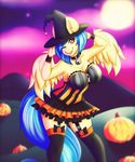  2015 anthro big_breasts breasts cleavage clothed clothing collar dress equine fan_character female halloween hat holidays kammymau legwear mammal moon my_little_pony night one_eye_closed outside pegasus silvia_windmane smile solo standing stockings wings wink witch_hat 