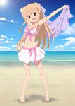  :d armpits barefoot beach bikini bikini_skirt blonde_hair blush breasts brown_eyes cleavage cloud day doma_umaru front-tie_top highres himouto!_umaru-chan lens_flare long_hair long_legs medium_breasts navel ocean open_mouth outdoors outstretched_arm sky smile smile_(rz) solo standing sunlight swimsuit water 