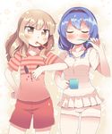  blue_hair blush breasts brown_eyes brown_hair brushing_teeth closed_eyes collarbone cup elbowing furutani_himawari highres jitome large_breasts light_brown_hair mug multiple_girls oomuro_sakurako open_mouth shirt shorts takahero toothbrush toothbrush_in_mouth yuru_yuri 