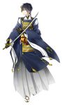  blue_eyes blue_hair full_body gloves grey_hakama hakama highres japanese_clothes male_focus mikazuki_munechika sayagata sino_(sionori) smile solo sword touken_ranbu transparent_background weapon 