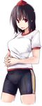  alternate_costume bike_shorts black_hair gym_shirt hat interlocked_fingers kamukamu_(ars) looking_at_viewer open_mouth red_eyes shameimaru_aya shirt short_hair short_sleeves shorts simple_background smile solo tokin_hat touhou white_background 