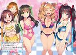  1boy 4girls :d ^_^ aramiya_kiyomi arms_behind_back ayame_kotoko bare_legs barefoot bikini bikini_skirt black_hair blue_eyes blush bow breast_squeeze breasts brown_eyes brown_hair checkered checkered_floor chuuko_demo_koi_ga_shitai! cleavage closed_eyes collarbone crossed_arms embarrassed flying_sweatdrops frilled_bikini frills green_eyes green_swimsuit hair_bow hair_ornament hair_ribbon hairclip hand_on_own_chest hatsushiba_yuuka heart heart_necklace highres indoors jewelry knees_together_feet_apart large_breasts leg_up long_hair multiple_girls navel necklace nose_blush o-ring o-ring_swimsuit one-piece_swimsuit open_mouth otoko_no_ko outstretched_arm outstretched_hand pink_bikini pink_swimsuit plaid plaid_bikini polka_dot polka_dot_swimsuit print_bikini redrop ribbon ring saitani_ryouma scan scrunchie side-tie_bikini smile sparkle standing standing_on_one_leg string_bikini suwama_eve sweatdrop swimsuit tears thigh_gap translation_request twintails very_long_hair wavy_mouth wrist_scrunchie yellow_bikini 