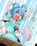  ;d blue_eyes blue_hair blush breaking breasts commentary_request dress hair_ornament hair_rings hair_stick highres instrument kaku_seiga large_breasts one_eye_closed open_mouth shawl shinapuu short_hair smile solo tambourine touhou 