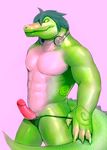  abs alligator anthro claws clothed clothing glowing glowing_eyes green_eyes green_hair hair half-dressed headphones humanoid_penis iceman1984 male muscular muscular_male penis reptile scalie simple_background slit_pupils solo speedo swimsuit tattoo thong topless undressing 