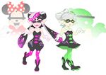  3girls aori_(splatoon) bar_censor black_dress black_hair blush_stickers boots bow censored closed_eyes commentary detached_collar disney domino_mask dress earrings fangs food food_on_head gachapin gloves green_legwear grey_hair hair_bow hirake!_ponkikki hotaru_(splatoon) identity_censor jewelry looking_at_viewer mask minnie_mouse mole mole_under_eye multiple_girls object_on_head open_mouth pantyhose pointy_ears polka_dot pose purple_legwear short_dress short_hair short_jumpsuit smile splatoon_(series) splatoon_1 standing strapless strapless_dress taka-michi tentacle_hair white_background white_gloves yellow_eyes 