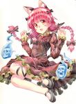 animal_ears blush bow braid cat_ears cat_tail colored_pencil_(medium) denchu_(kazudentyu) dress fang full_body hair_bow hair_ornament highres kaenbyou_rin leg_ribbon long_hair long_sleeves looking_at_viewer mary_janes open_mouth puffy_sleeves red_eyes red_hair ribbon shoes simple_background skull smile solo tail touhou traditional_media twin_braids 