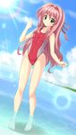  arena_(company) barefoot competition_swimsuit green_eyes hair_intakes hizuki_aki md5_mismatch one-piece_swimsuit original pink_hair pixiv_robot_wars_gaia solo standing swimsuit wading water zanshomimai 