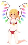  :d adapted_costume aoi_(annbi) barefoot bikini blonde_hair blush breasts flandre_scarlet highres hip_bones legs navel open_mouth red_bikini red_eyes side-tie_bikini side_ponytail small_breasts smile solo squatting sweat swimsuit touhou v-shaped_eyebrows wings 