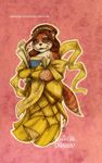  anthro bear beauty_and_the_beast belle book clothed clothing disney dress ear_piercing english_text female fur hair jewelry liberlibelula_(artist) looking_at_viewer mammal panda pandaren piercing red_panda simple_background smile solo text video_games warcraft world_of_warcraft 