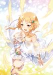  ankle_lace-up bare_shoulders capelet cross-laced_footwear detached_sleeves gem gold green_eyes hair_ornament hair_tubes highres light long_hair miniskirt murakami_yuichi official_art open_mouth orange_hair sidelocks skirt solo thigh_strap unsimulated_incubator wakatsuki_saran 