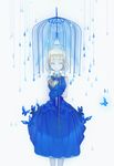  absurdres bare_shoulders blonde_hair blue_dress blue_gloves bug butterfly chain collar dress gloves hairband highres insect key looking_at_viewer original rain shenyuan_xian short_hair solo umbrella yellow_eyes 