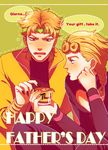  bad_id bad_pixiv_id blonde_hair braid cup dio_brando earrings fang father's_day father_and_son fingernails giorno_giovanna hand_on_own_cheek headband jewelry jojo_no_kimyou_na_bouken multiple_boys red_eyes rin2010 sharp_fingernails tears 