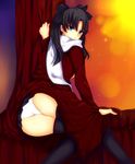  black_hair black_legwear blue_eyes fate/stay_night fate_(series) iro_(sekaixiro) long_hair panties pantyshot pantyshot_(sitting) sitting solo star thighhighs toosaka_rin type-moon underwear white_panties 