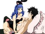  1boy 1girl abs animal_ears artist_request ass bed black_eyes black_hair blue_hair breasts bunny_ears bunny_tail bunnysuit chains collar cross fairy_tail gray_fullbuster juvia_loxar leotard long_hair lying pants pillow ribbon short_hair smile spandex stockings tail thighhighs touching 