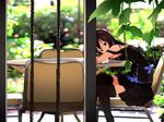  bangs bars black_dress black_legwear blurry blurry_background bow breast_rest breasts brown_hair bush chair day dress fk green_eyes head_rest idolmaster idolmaster_cinderella_girls long_hair looking_at_viewer outdoors parted_bangs plant ribbon shibuya_rin sitting solo table thighhighs vines zettai_ryouiki 